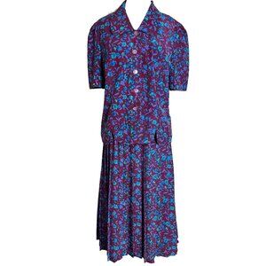 Vintage Leslie Fay Secretary Dress 2 Piece Womens Size 12 Plum Floral Pleated